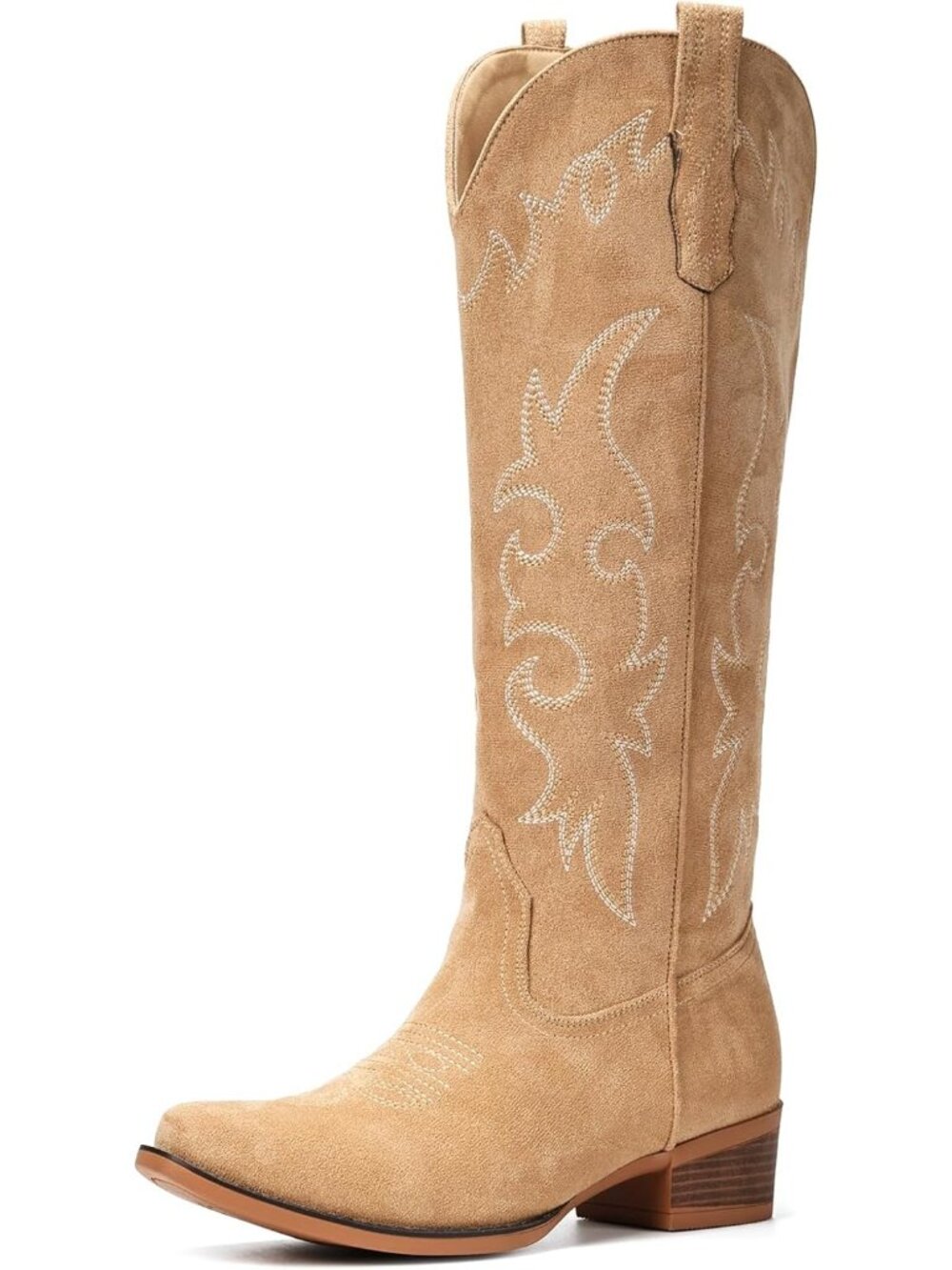 Women Apricot Pull-On Knee High Western Cowgirl Pointed Toe Low Heel Boot